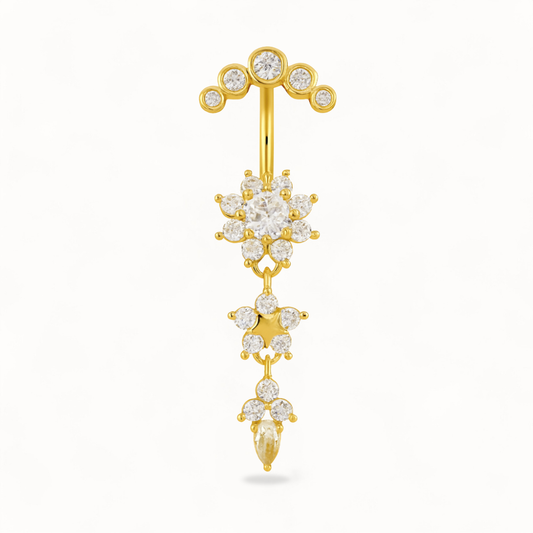 Piercing Nombril Triple Fleur en Acier & Zircon