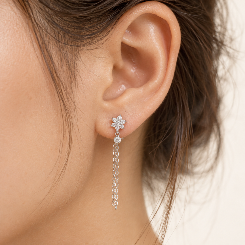 Boucle d’Oreille Fleur Chaînée • Acier Inoxydable